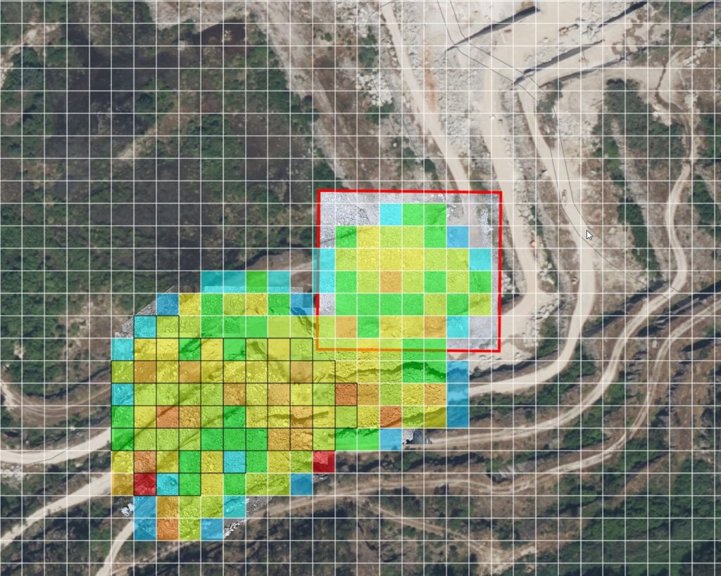 GIS heat map of blasted particles from colour blue to red