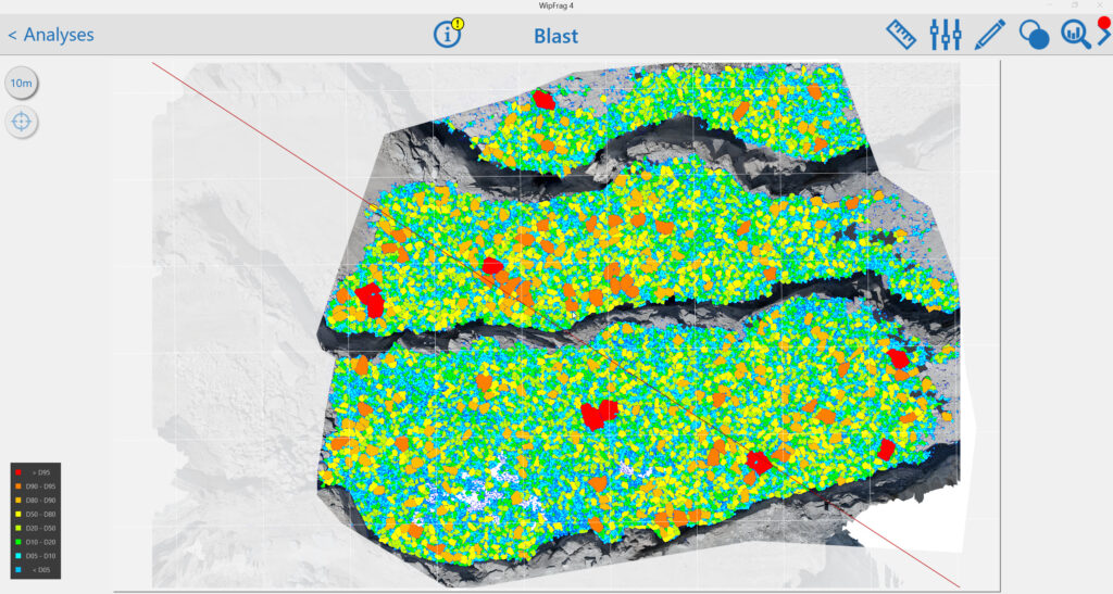 heat map of muckpile with colours blue, green, yellow, orange red for different rock sizes
