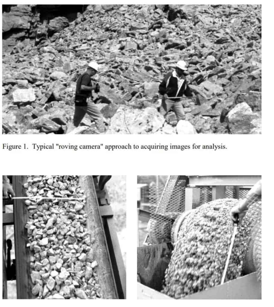 Men on a muckpile, conveyor belt with rock material. fragmentation