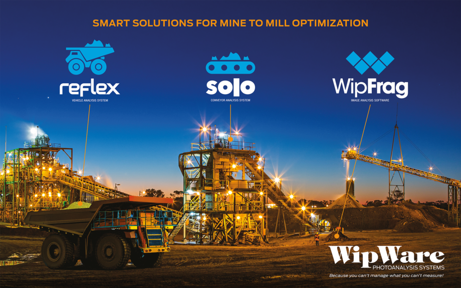 Mine lit up at night with a conveyor belt, WipWare solutions logos at the top