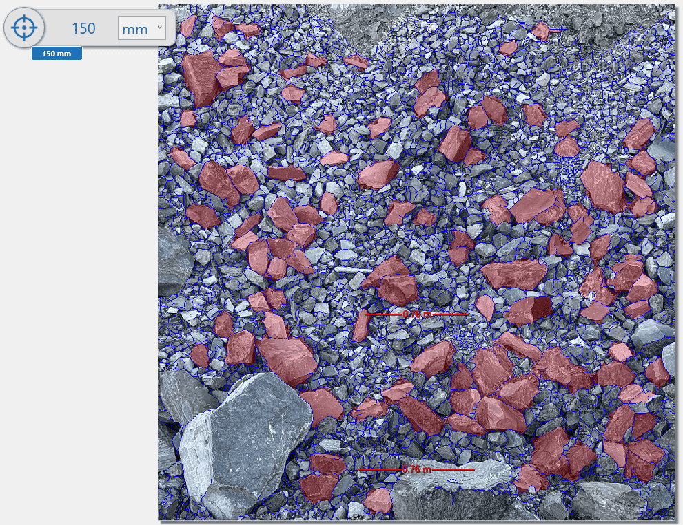 WipFrag Edit Assist feature with the largest particles by size threshold highlighted at +150mm.