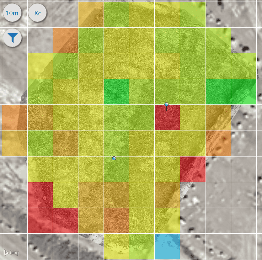 A screenshot of WipFrag's GIS feature showing the heatmap of a UAV orthomosaic image analysis.